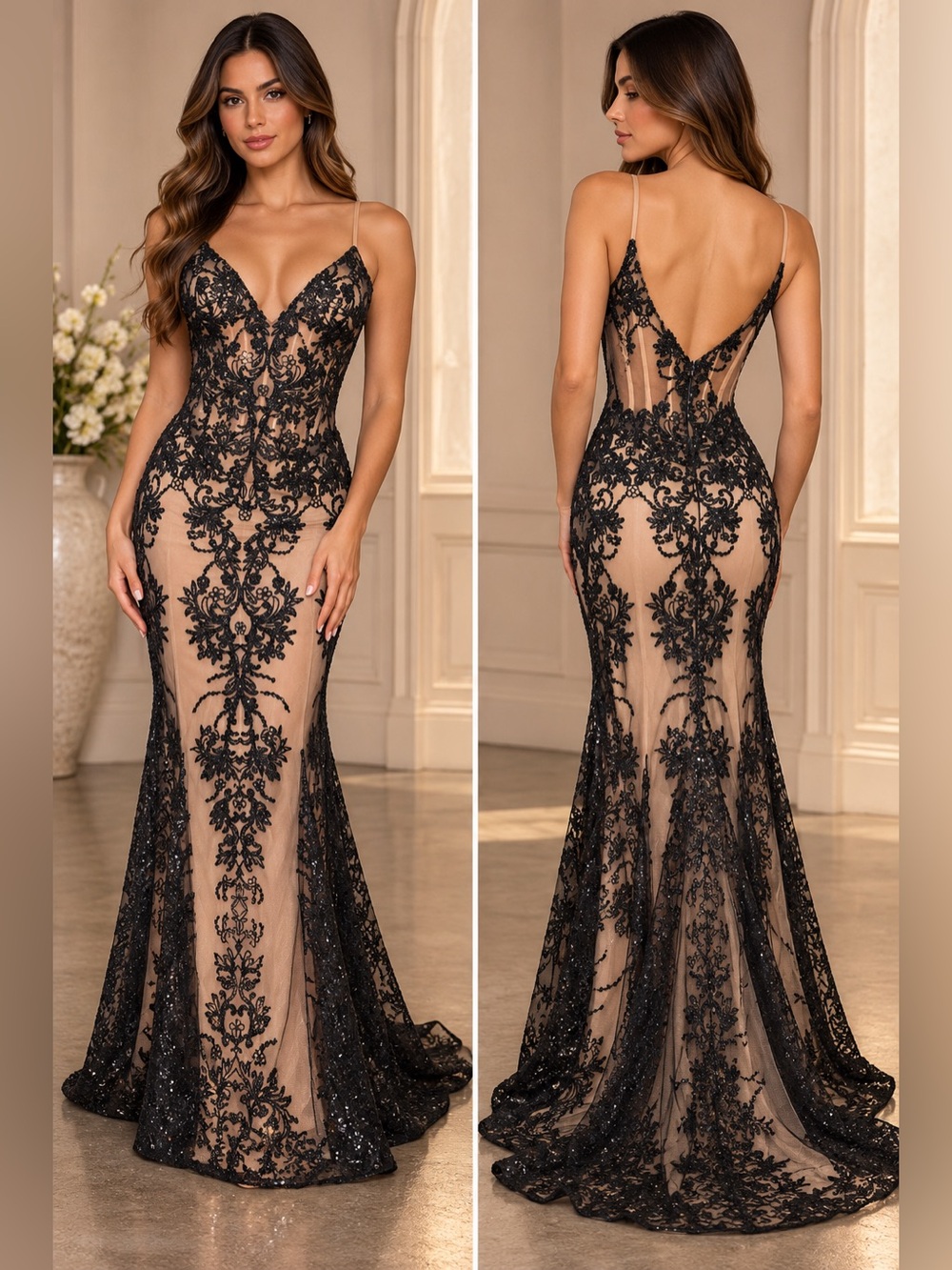 Ladivine Black Sequined Lace Sheer Corset Mermaid Prom Gown Luxury Dress 4